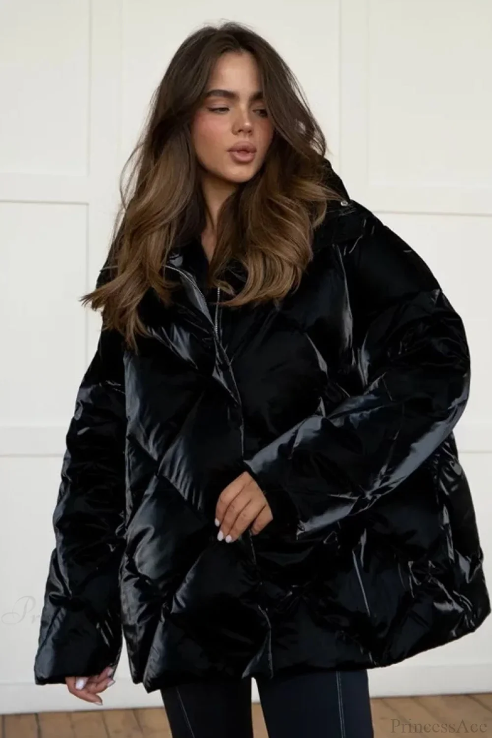 Diamond Quilted Matte Shiny Oversized Wide Lapel Coat - Image 10