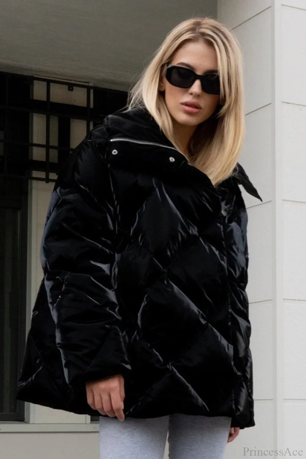 Diamond Quilted Matte Shiny Oversized Wide Lapel Coat - Image 11