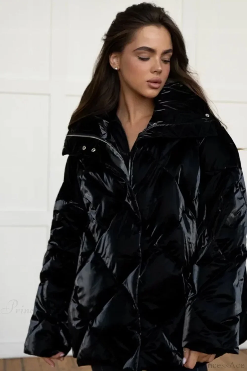 Diamond Quilted Matte Shiny Oversized Wide Lapel Coat - Image 12