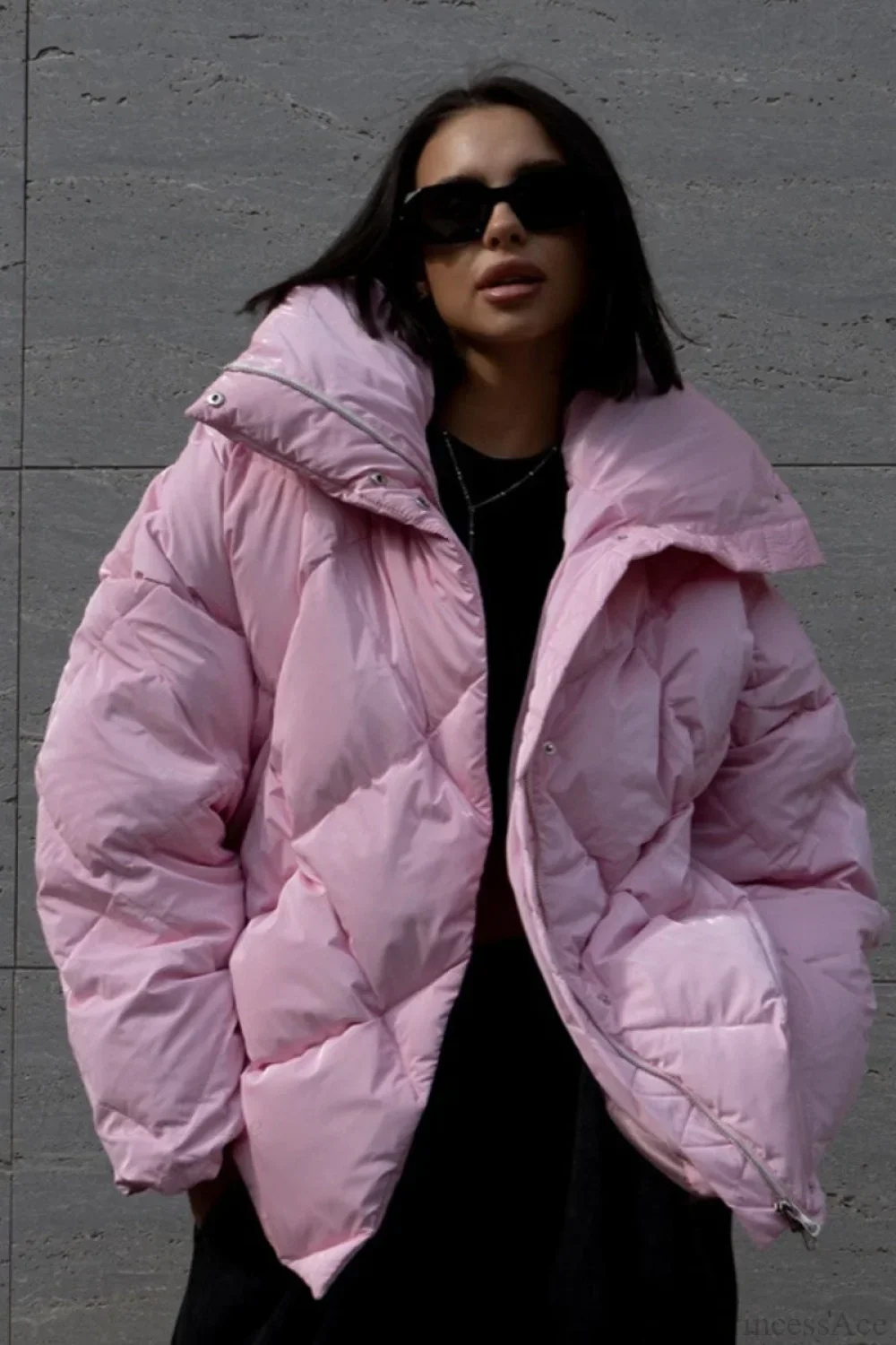 Diamond Quilted Matte Shiny Oversized Wide Lapel Coat - Image 5