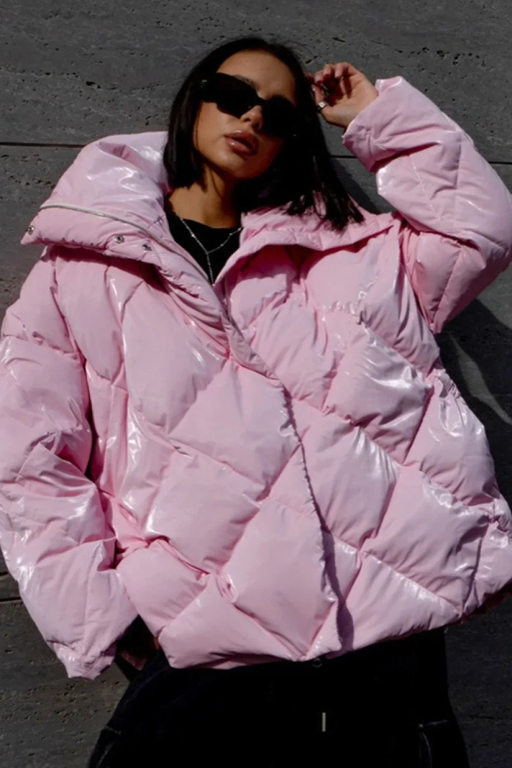 Diamond Quilted Matte Shiny Oversized Wide Lapel Coat - Image 6