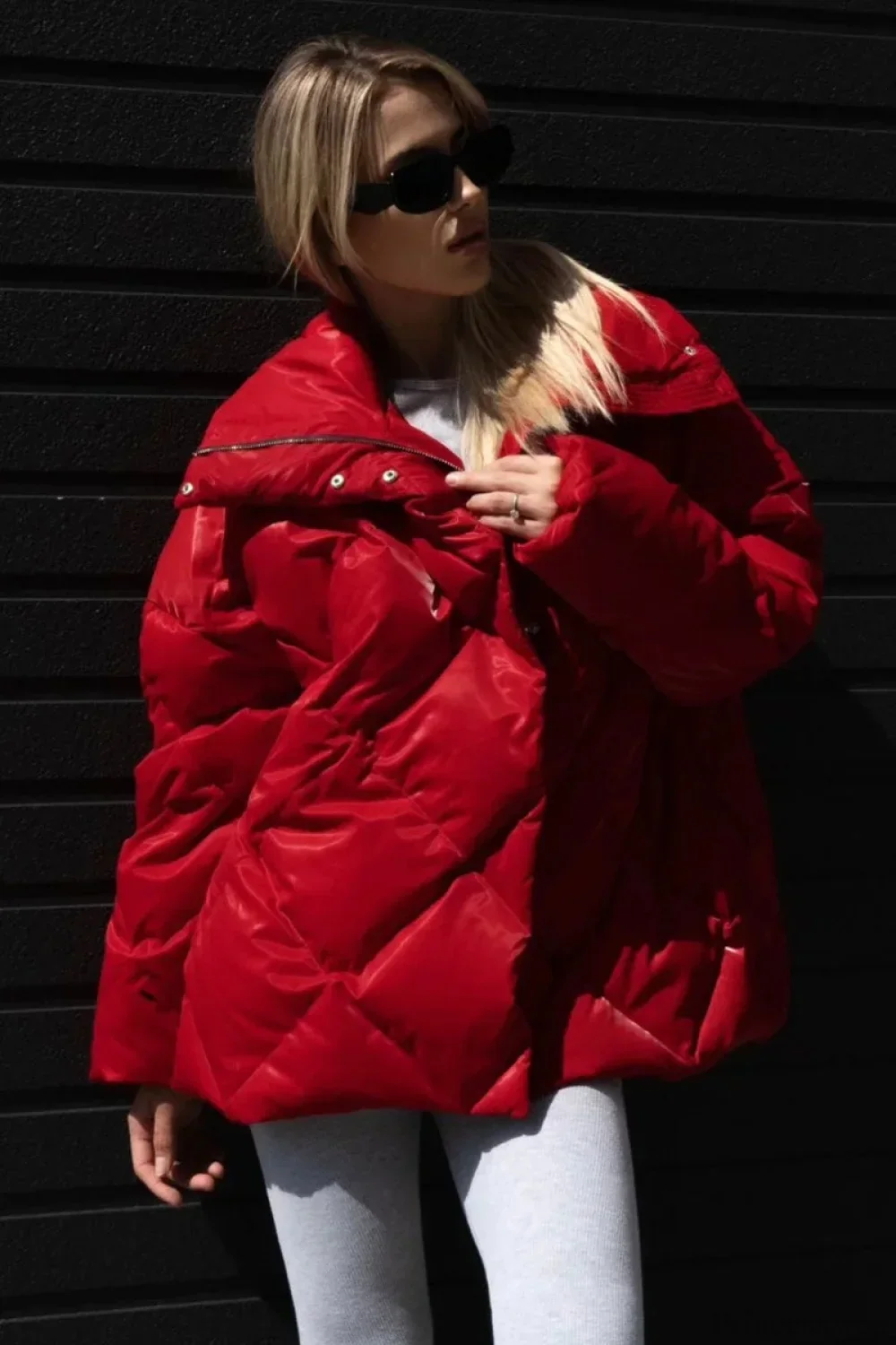 Diamond Quilted Matte Shiny Oversized Wide Lapel Coat - Image 7