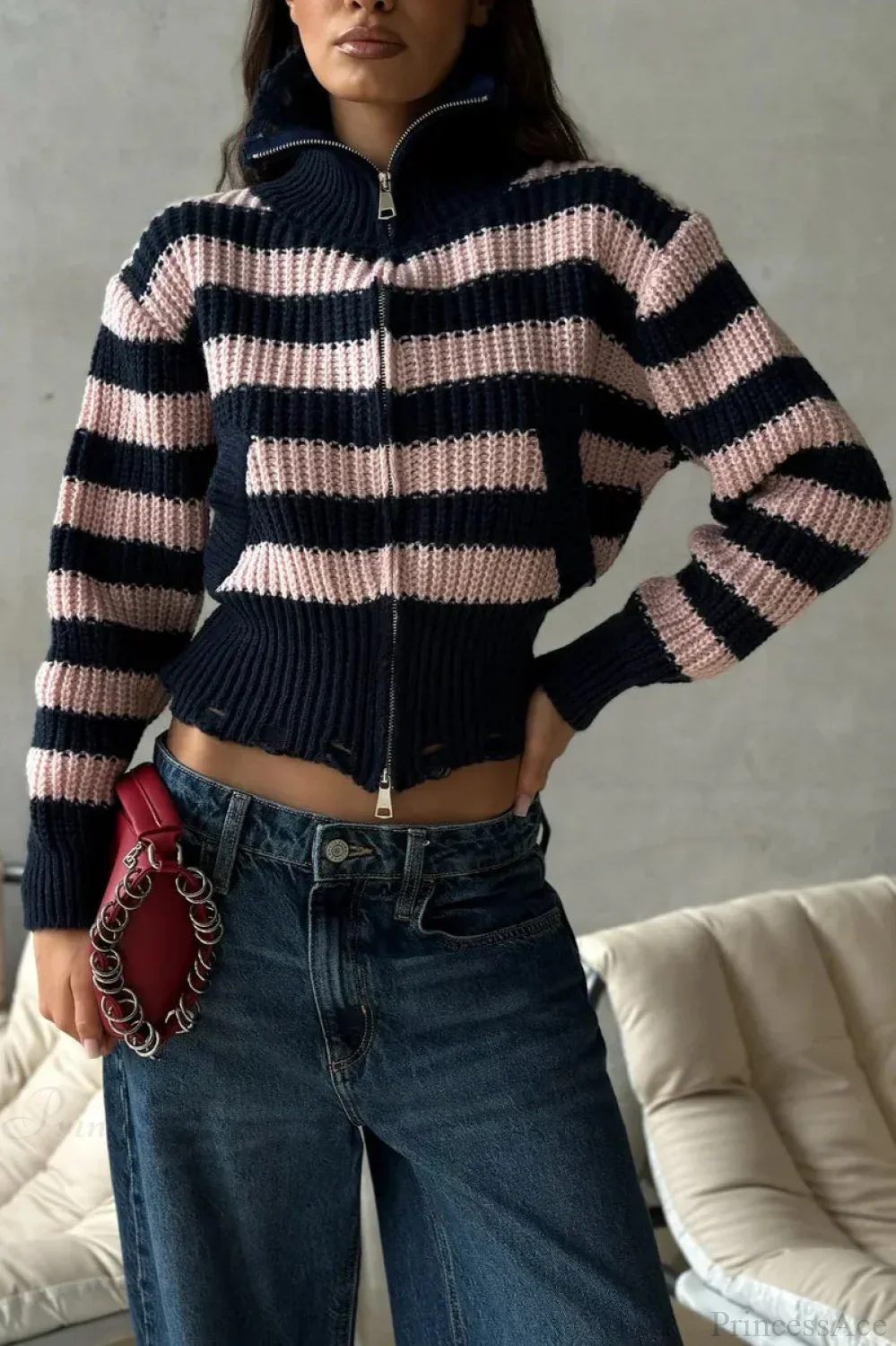 Distressed Color Block Striped Zip Cardigan - Image 5