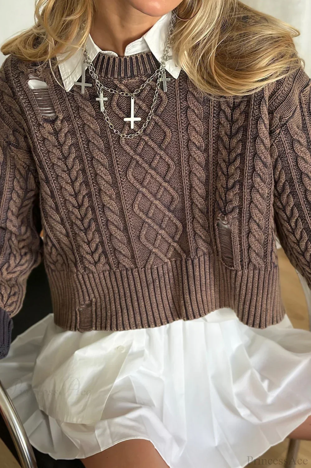 Distressed Crew Neck Cropped Crop Top Knit Sweater - Image 4