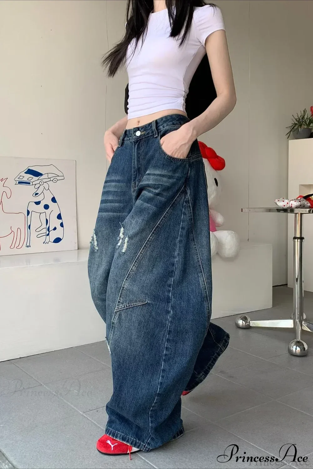 Distressed Curved Loose Wide Leg Casual Utility Jeans - Image 3