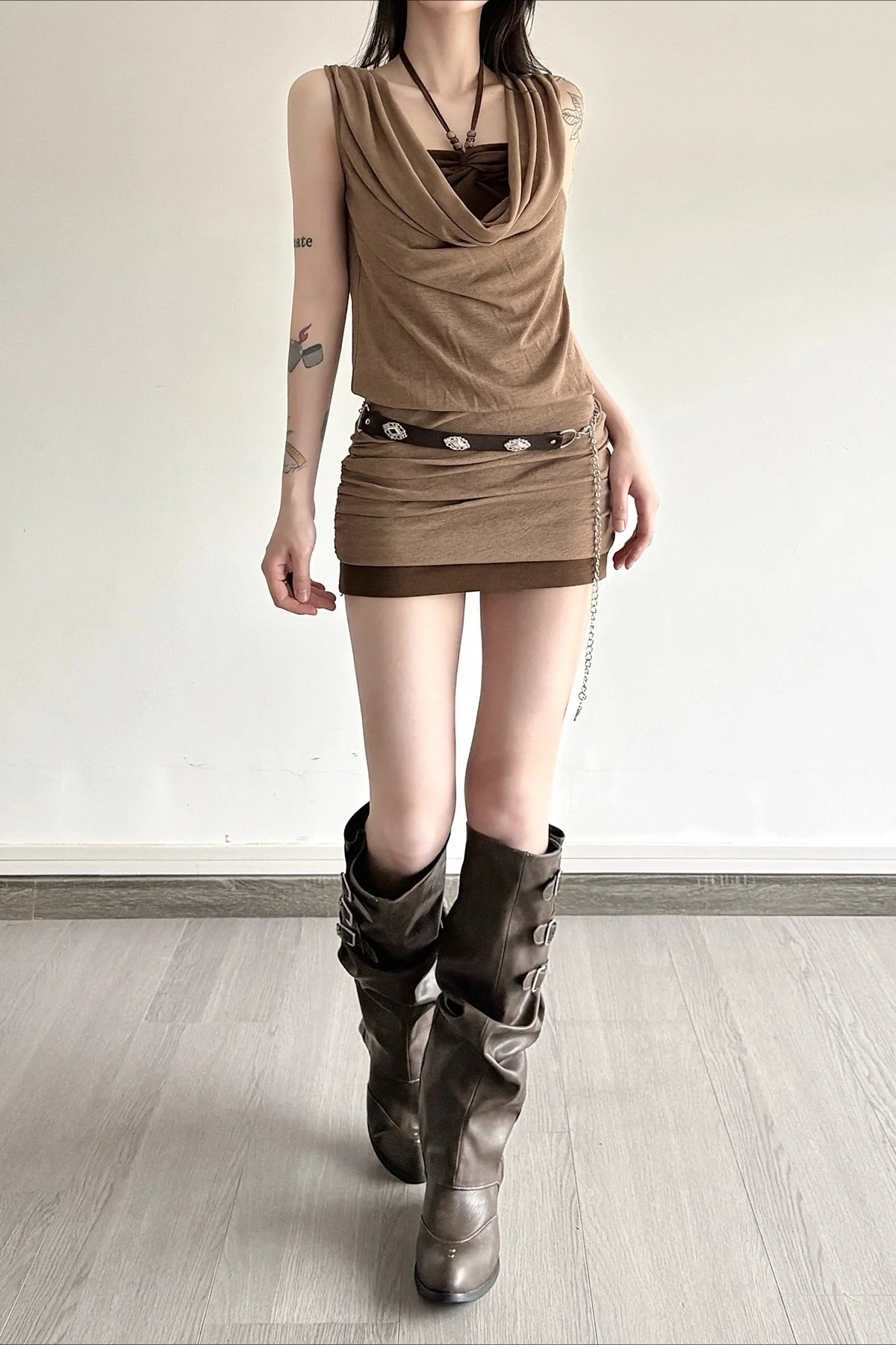 Distressed Draped Neck Beaded Two Piece Bodycon Mini Dress - Image 3