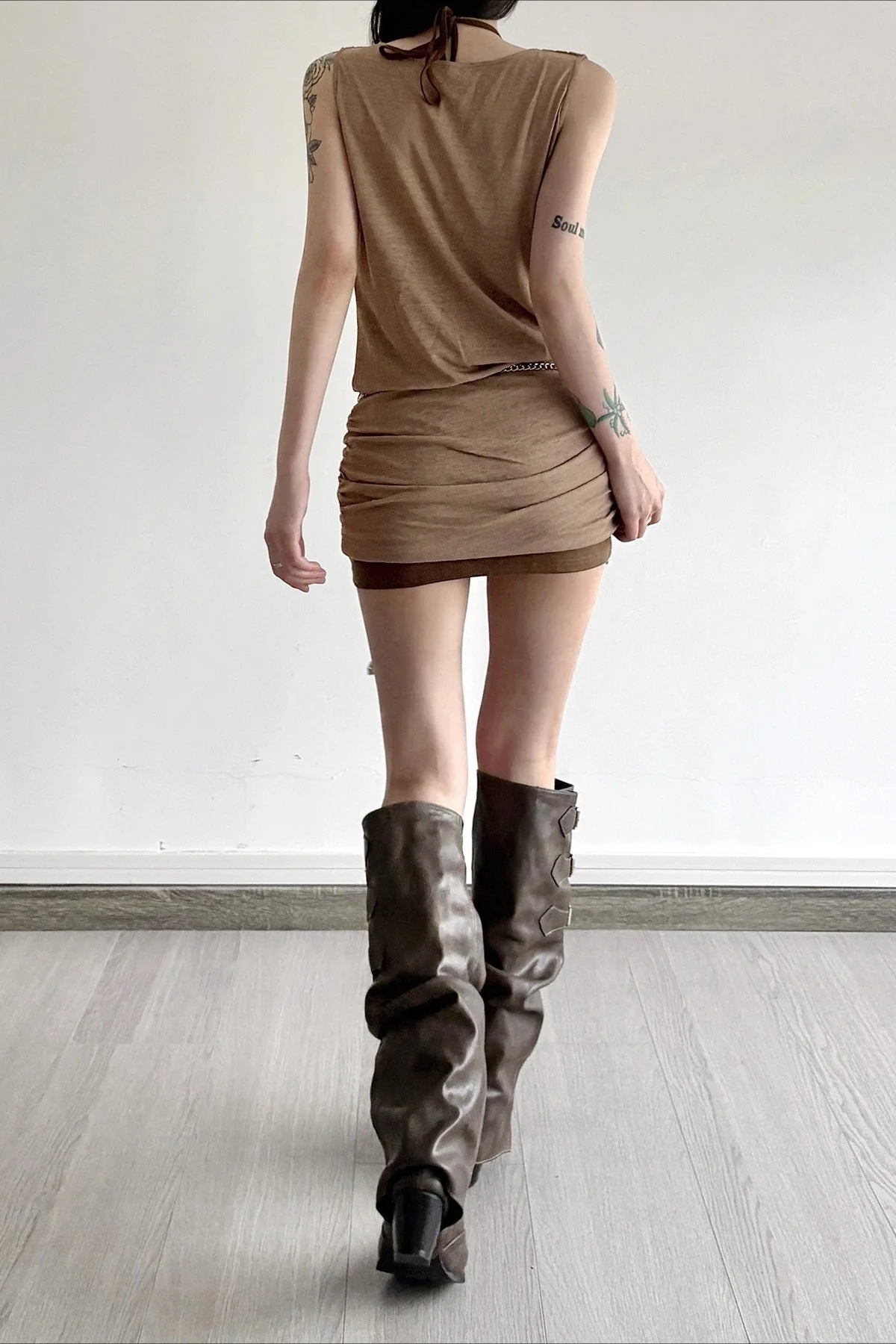 Distressed Draped Neck Beaded Two Piece Bodycon Mini Dress - Image 4