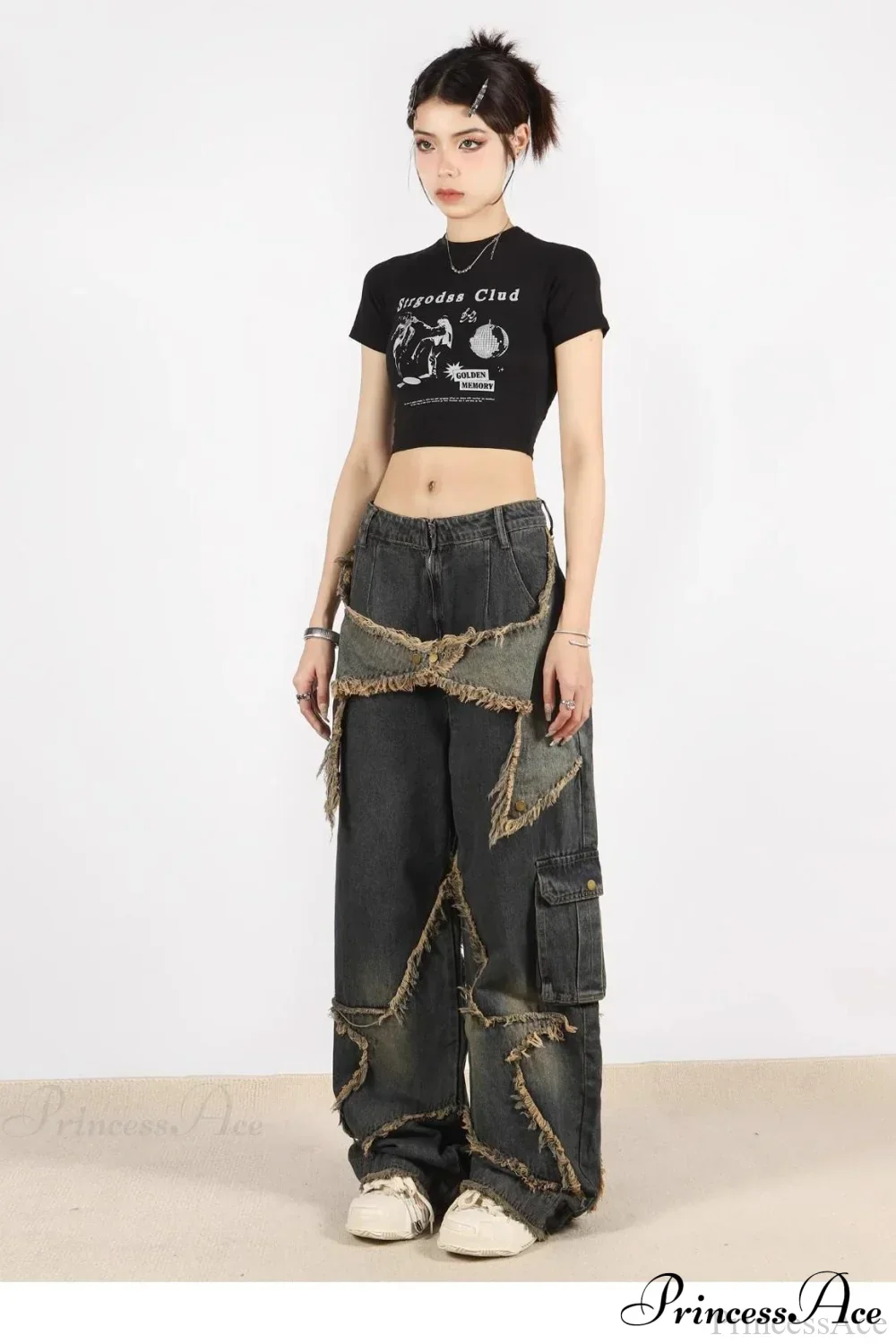 Distressed Frayed Star Straight Leg Hip Hop Jeans - Image 2