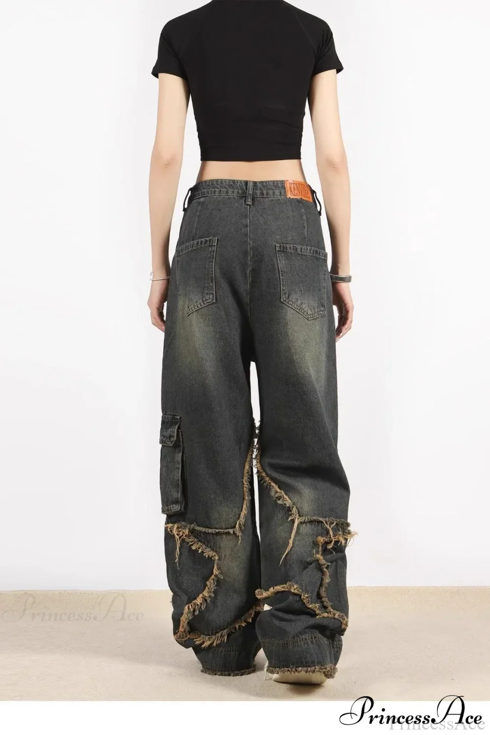 Distressed Frayed Star Straight Leg Hip Hop Jeans - Image 3