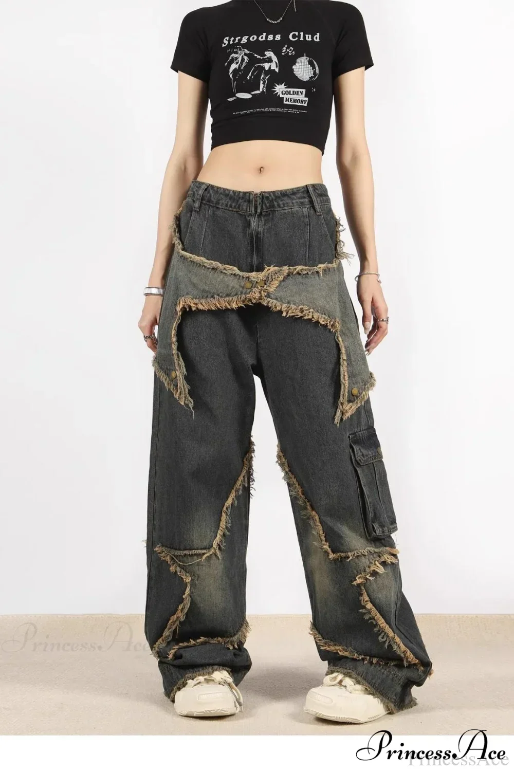 Distressed Frayed Star Straight Leg Hip Hop Jeans - Image 4