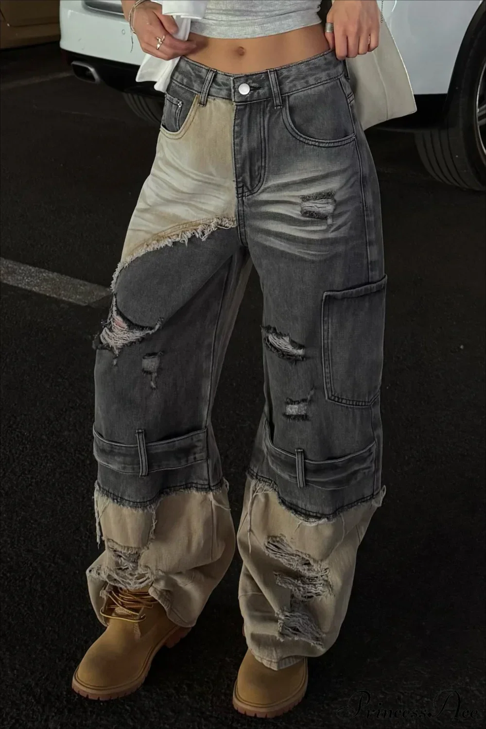 Distressed Patchwork Straight Wide Leg Jeans - Image 2