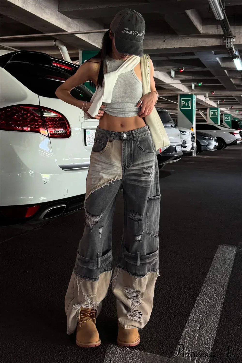Distressed Patchwork Straight Wide Leg Jeans - Image 3