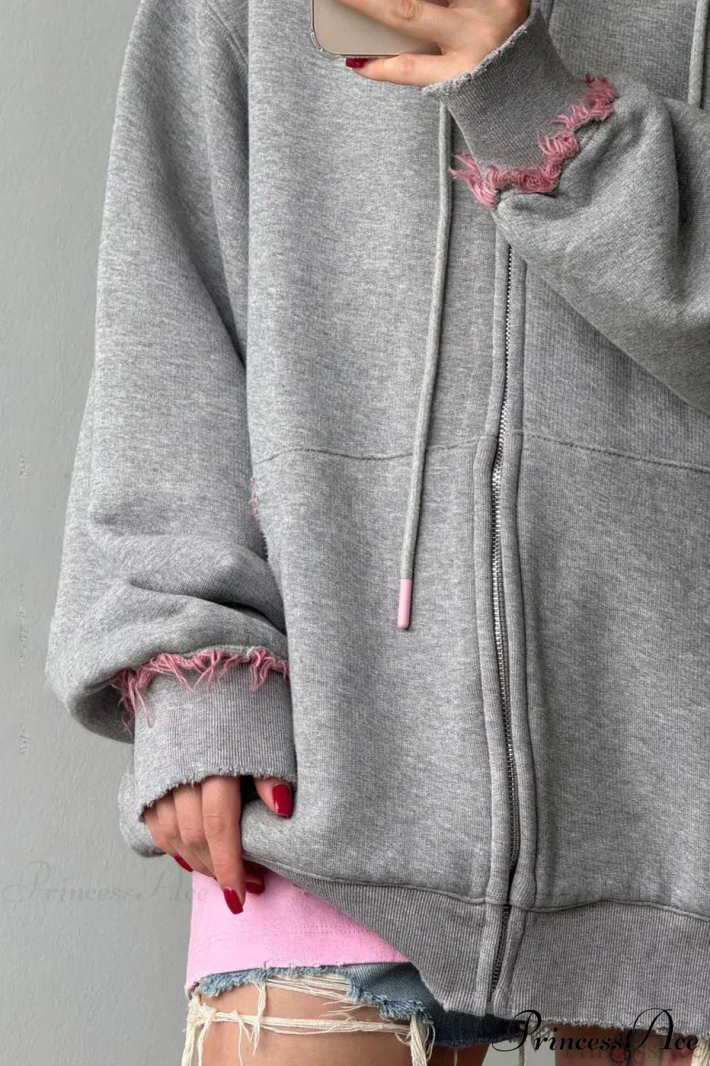 Distressed Pink Zip Loose Hoodie - Image 2