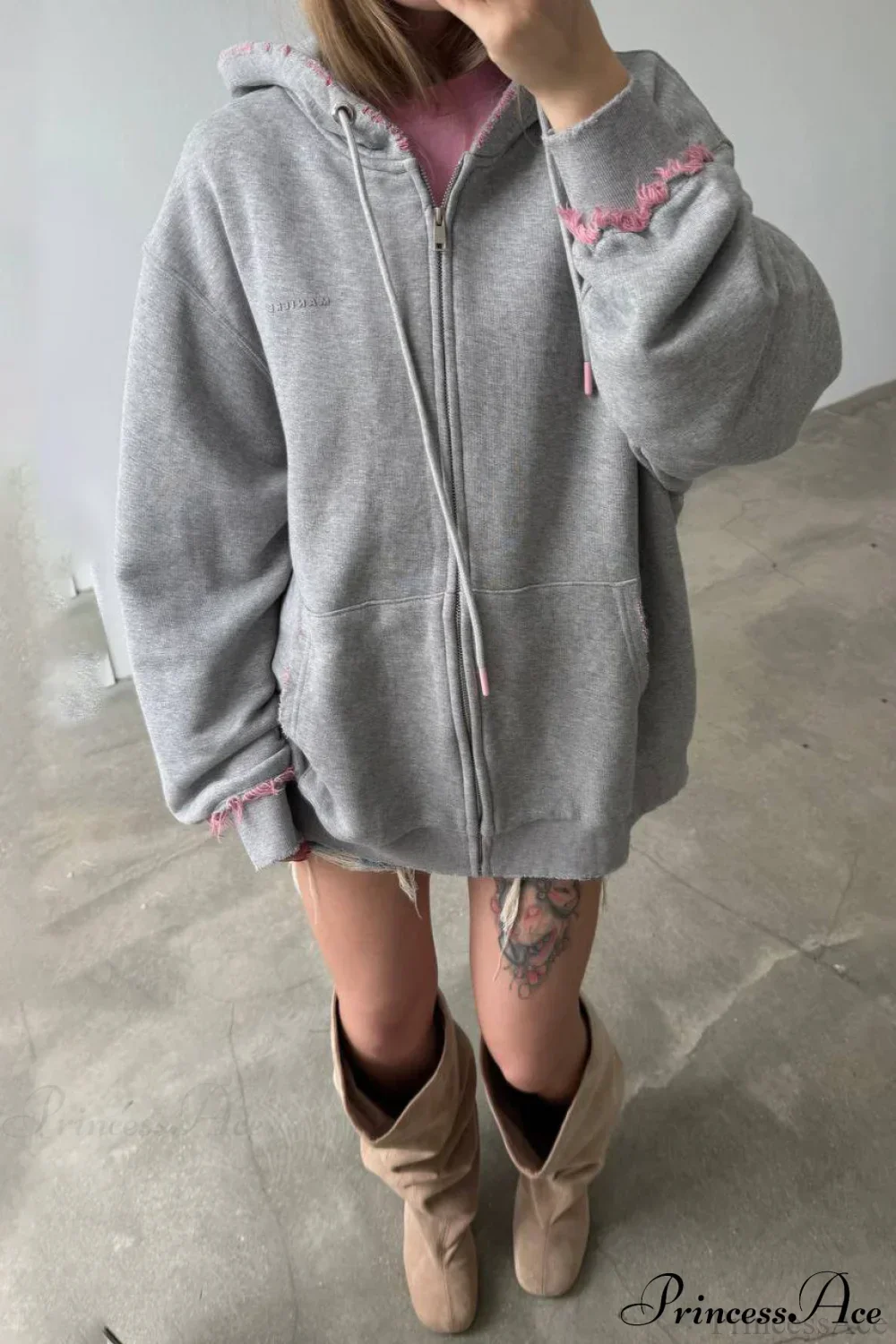 Distressed Pink Zip Loose Hoodie - Image 3