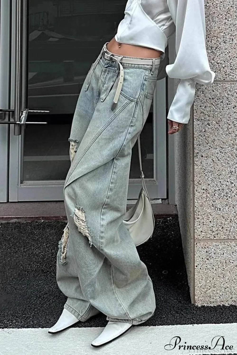 Distressed Ripped Relaxed Curved Leg Jeans - Image 2
