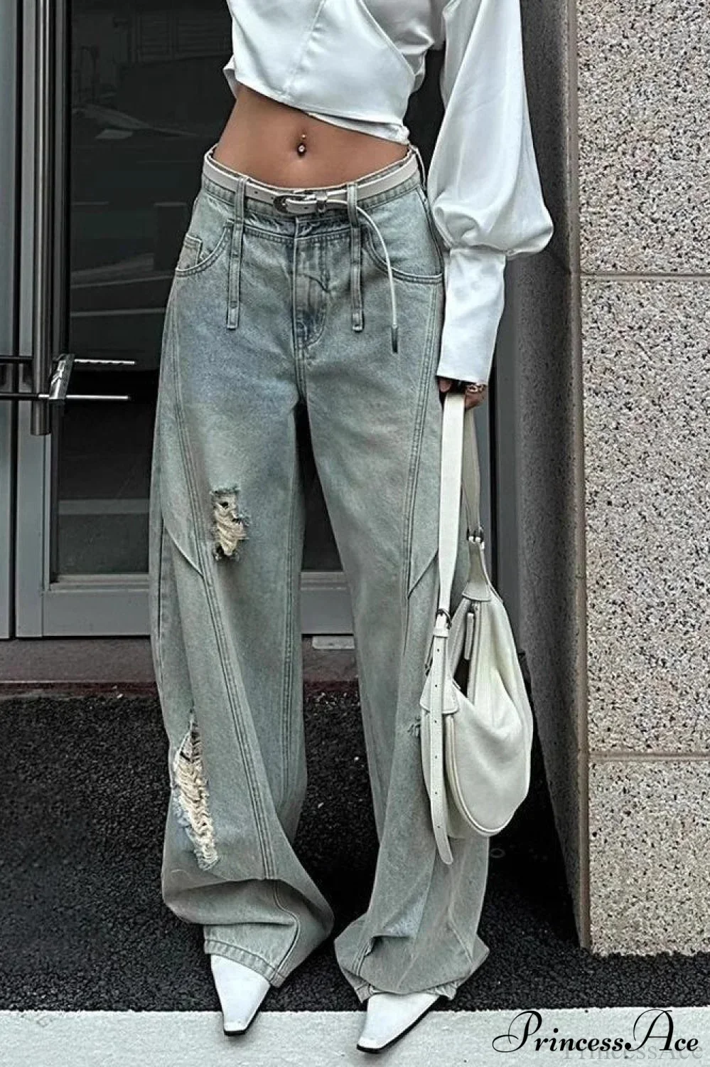 Distressed Ripped Relaxed Curved Leg Jeans - Image 4
