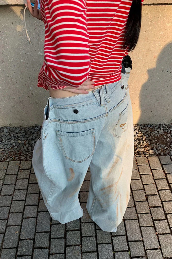 Distressed Ruched Wide Leg Designer Pocket Jeans - Image 4