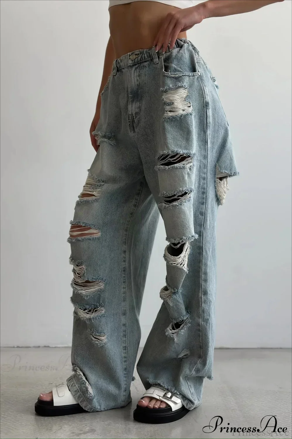 Distressed Washed Floor Length Street Jeans - Image 2