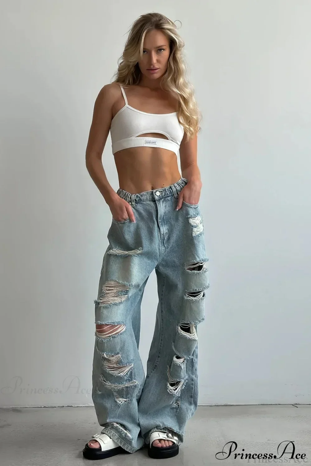 Distressed Washed Floor Length Street Jeans - Image 4