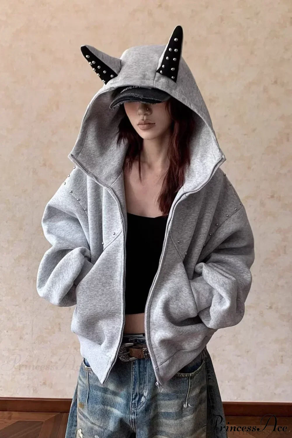 Doberman Ear Trimmed Rivet Patchwork Cropped Zip Hoodie