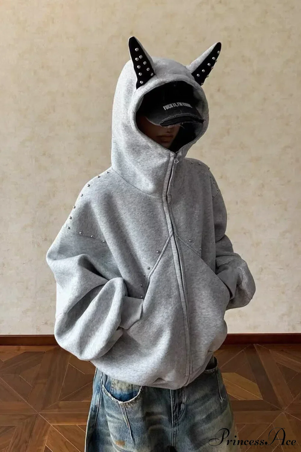 Doberman Ear Trimmed Rivet Patchwork Cropped Zip Hoodie - Image 2