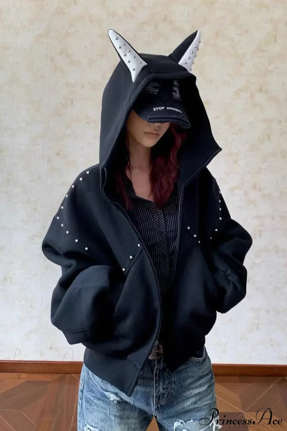 Doberman Ear Trimmed Rivet Patchwork Cropped Zip Hoodie - Image 5