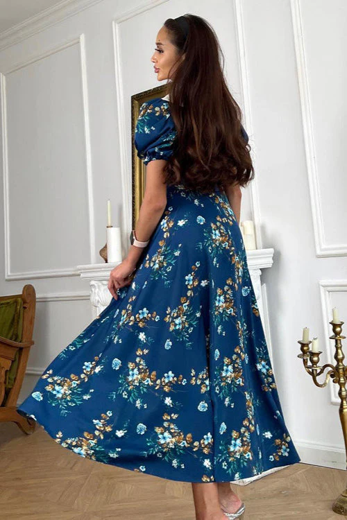 Doll Collar Short Sleeve Blue French Elegant Floral Dress - Image 2