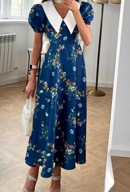 Doll Collar Short Sleeve Blue French Elegant Floral Dress - Image 3