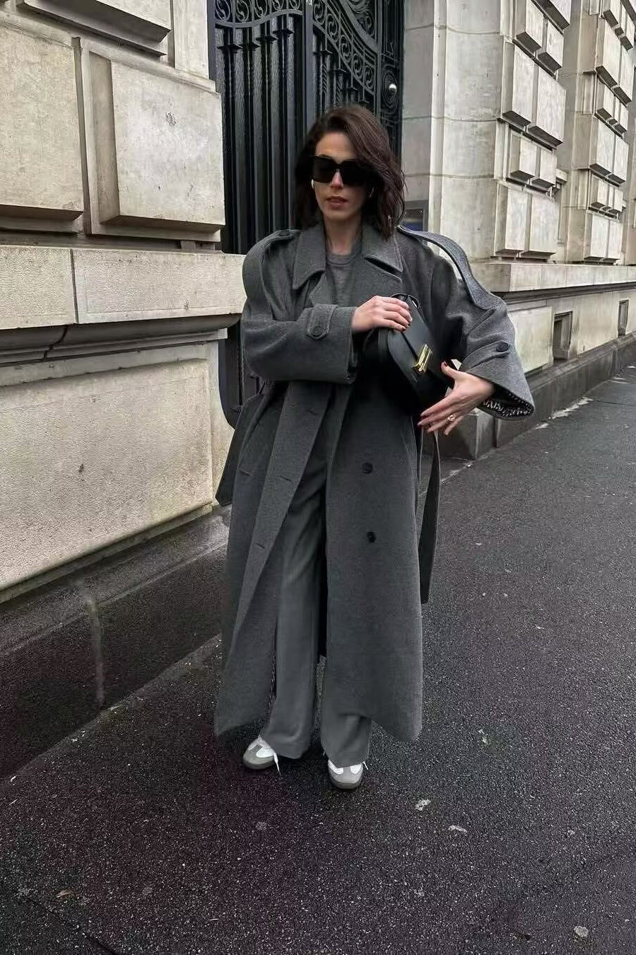 Double-Breasted Belted Slim-Fit Woolen Long Overcoat - Image 2