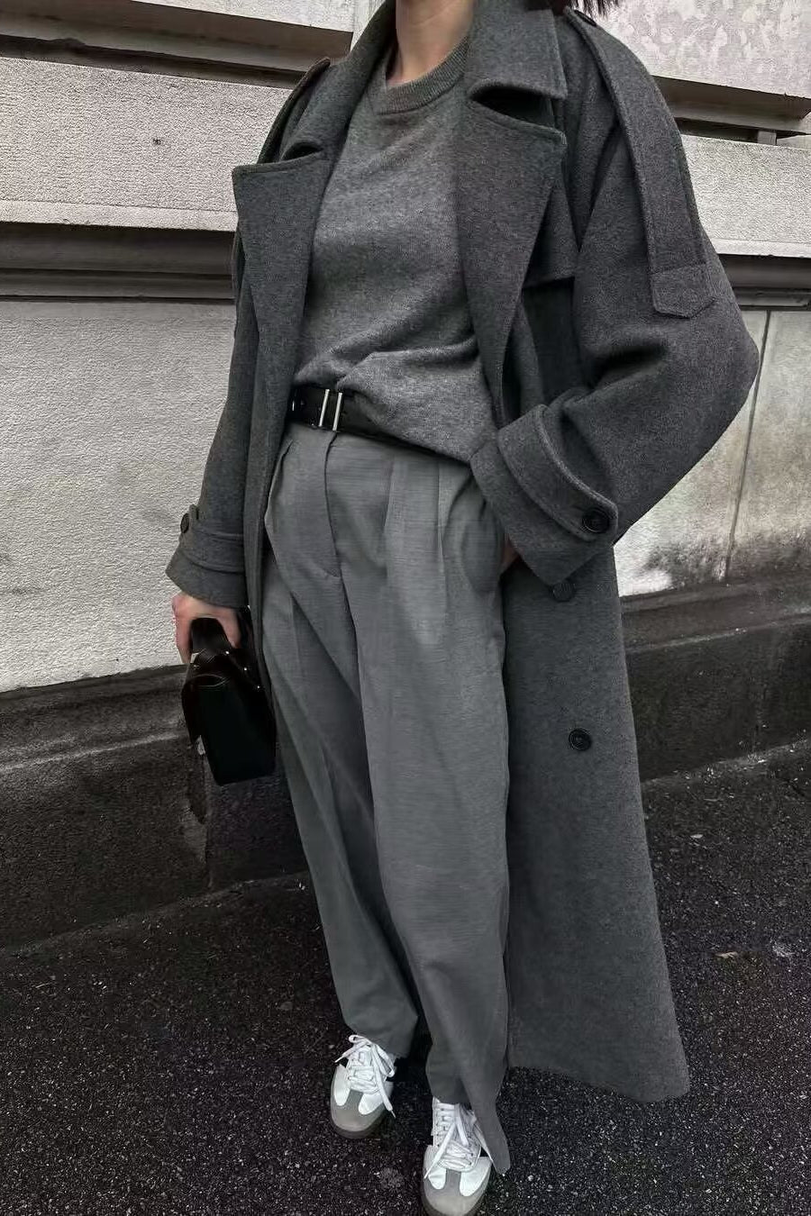 Double-Breasted Belted Slim-Fit Woolen Long Overcoat - Image 3