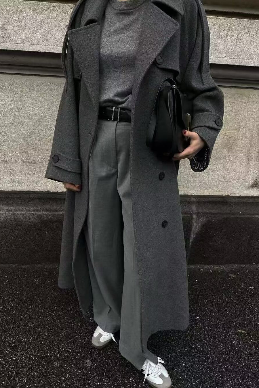 Double-Breasted Belted Slim-Fit Woolen Long Overcoat - Image 4