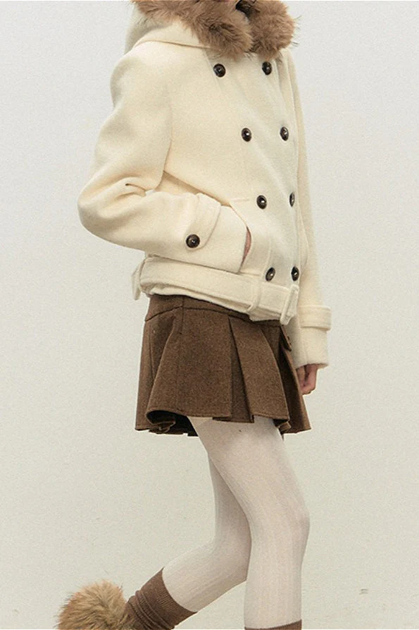 Double Breasted Hooded Waist Cinched Thickened Wool Coat - Image 2