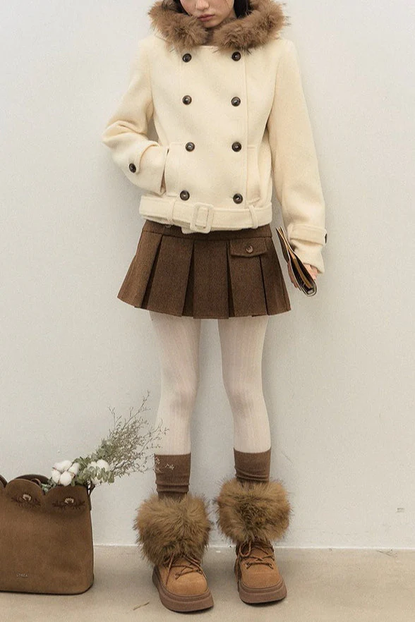 Double Breasted Hooded Waist Cinched Thickened Wool Coat - Image 3