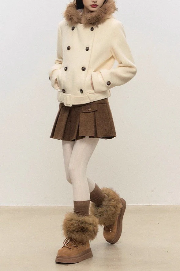 Double Breasted Hooded Waist Cinched Thickened Wool Coat - Image 4