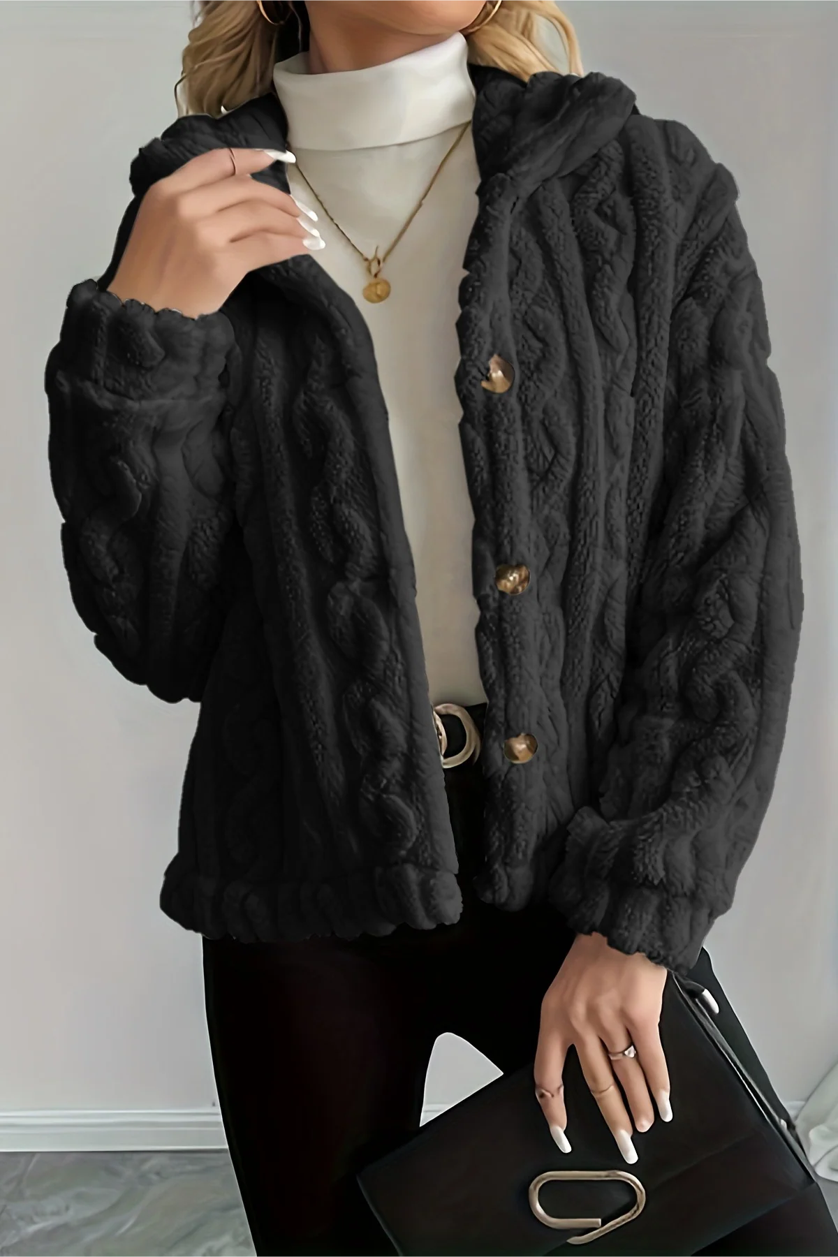 Double Fleece Cable Knit Soft Plush Warm Coat - Image 3