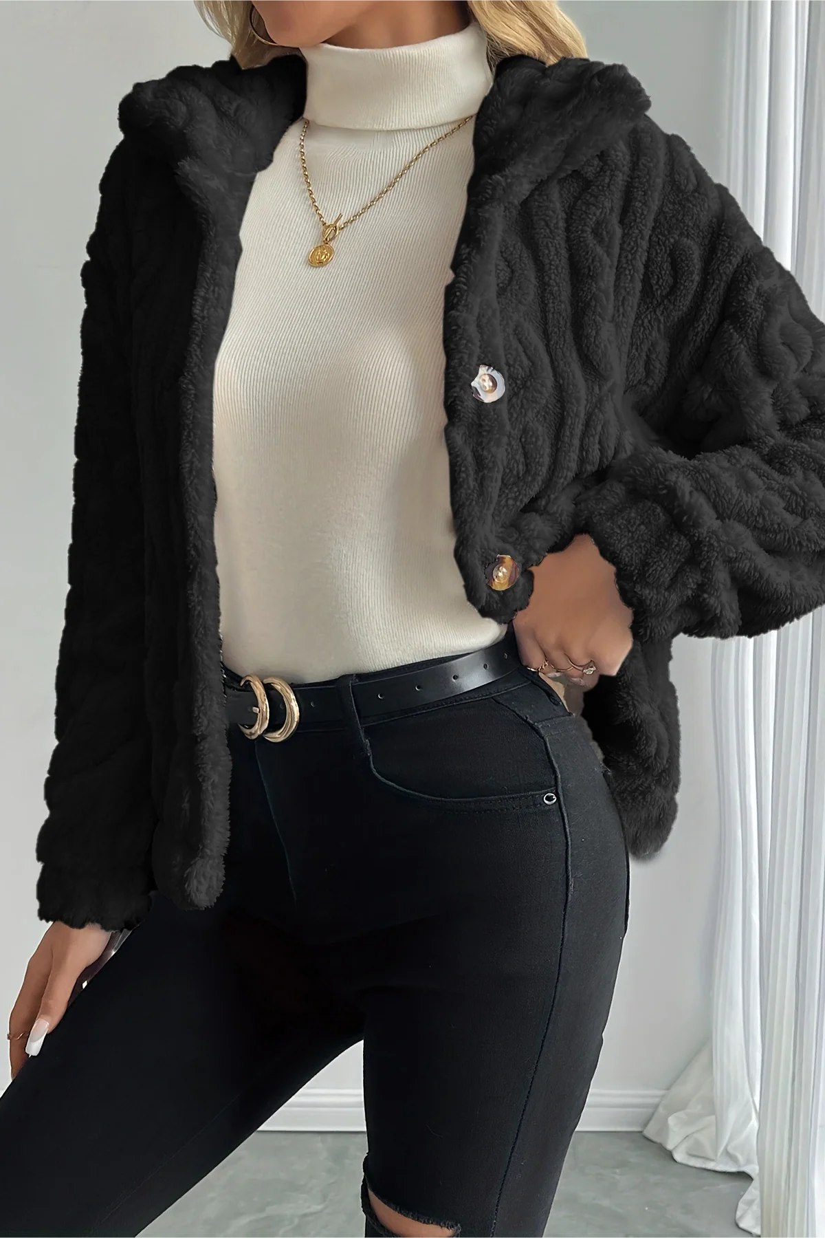 Double Fleece Cable Knit Soft Plush Warm Coat - Image 4
