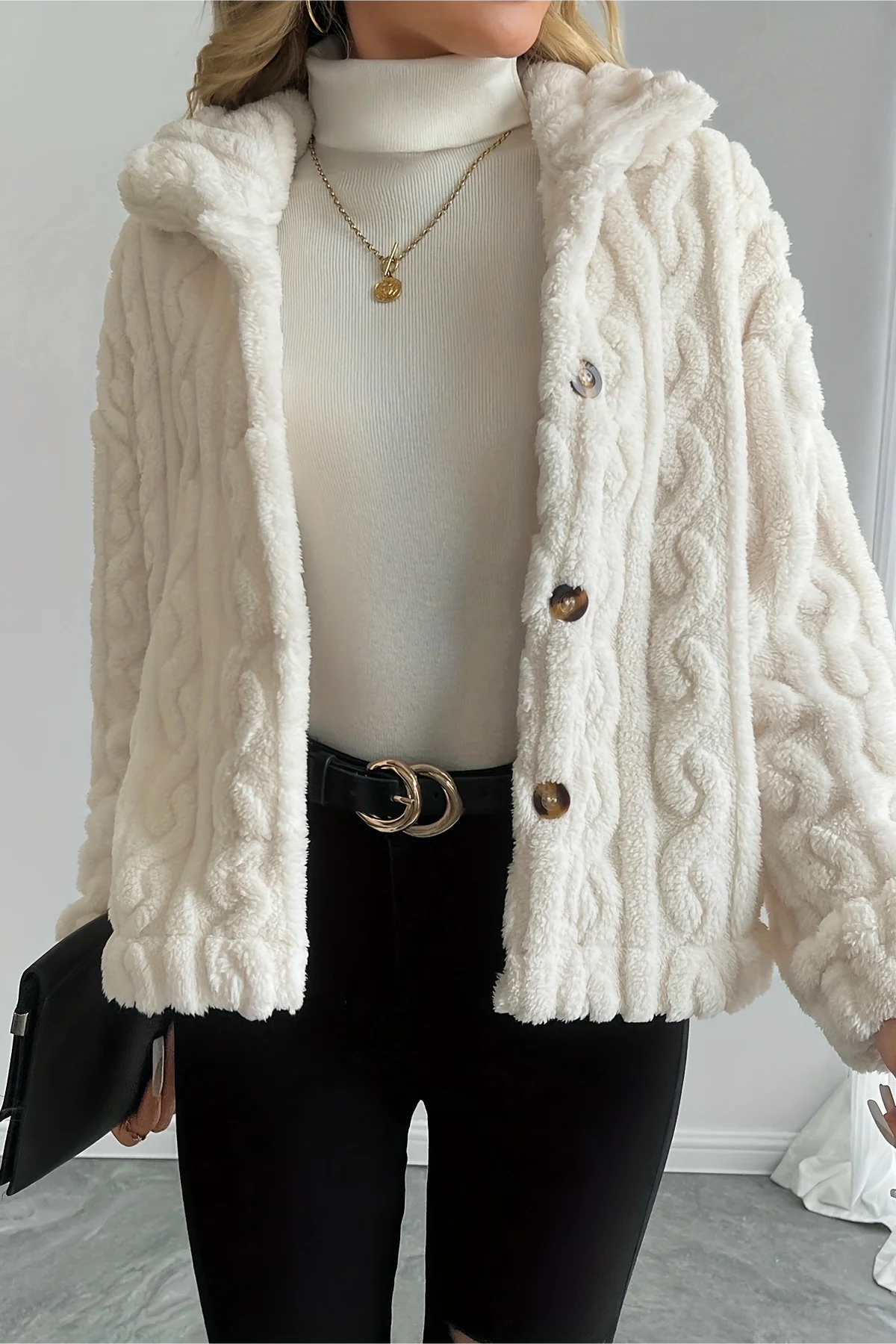 Double Fleece Cable Knit Soft Plush Warm Coat - Image 5