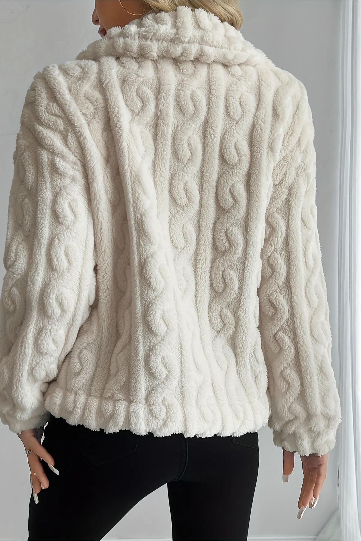 Double Fleece Cable Knit Soft Plush Warm Coat - Image 6