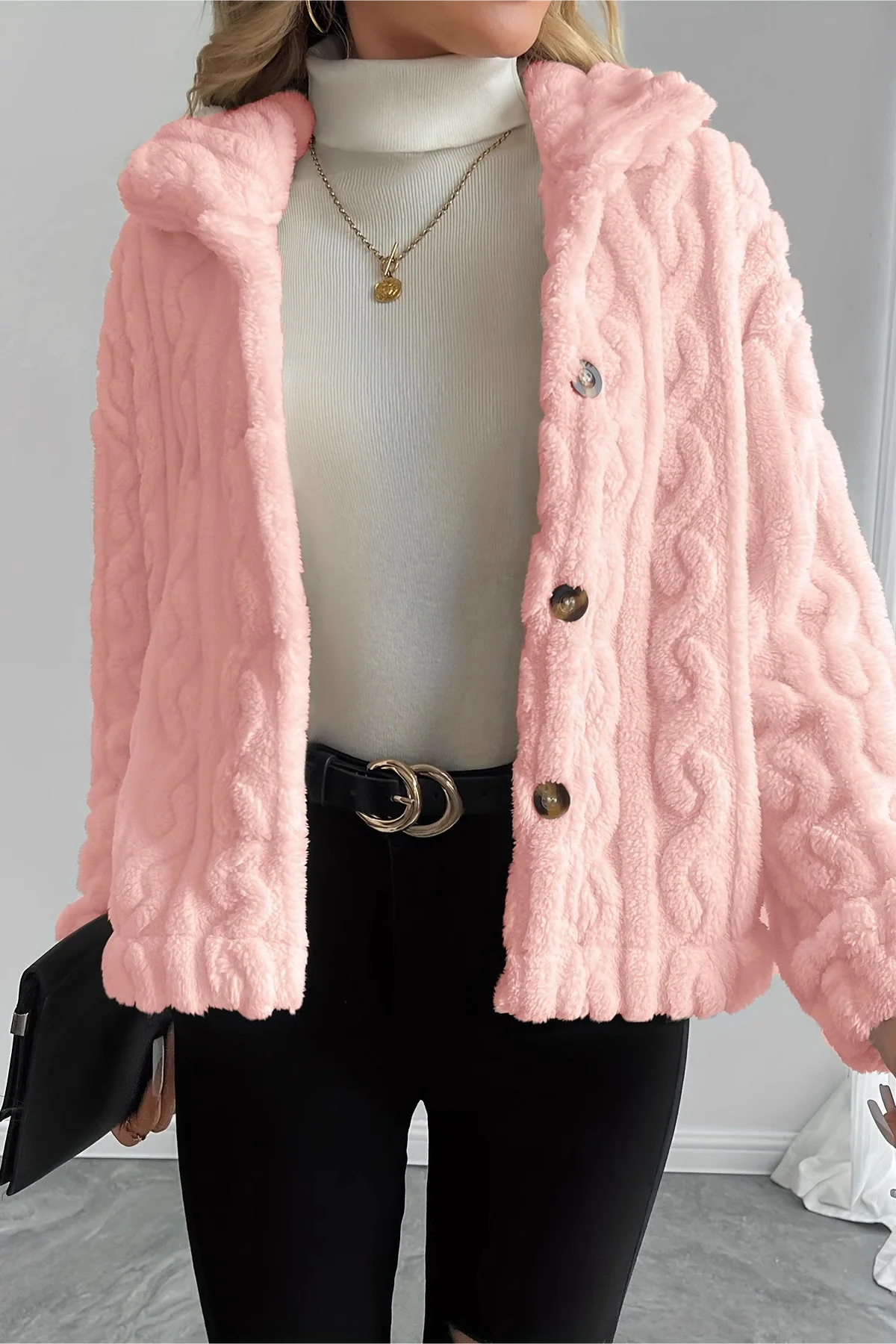 Double Fleece Cable Knit Soft Plush Warm Coat - Image 7