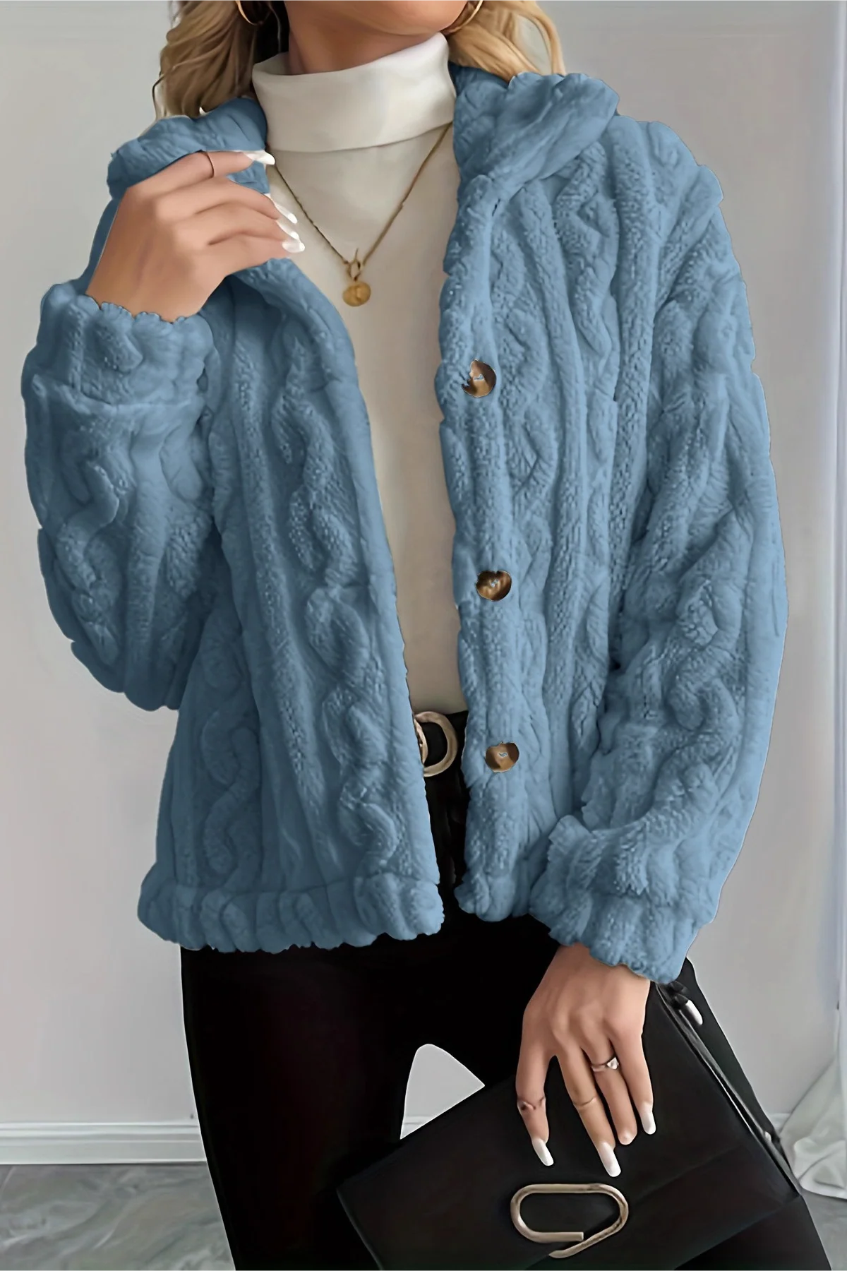 Double Fleece Cable Knit Soft Plush Warm Coat - Image 8