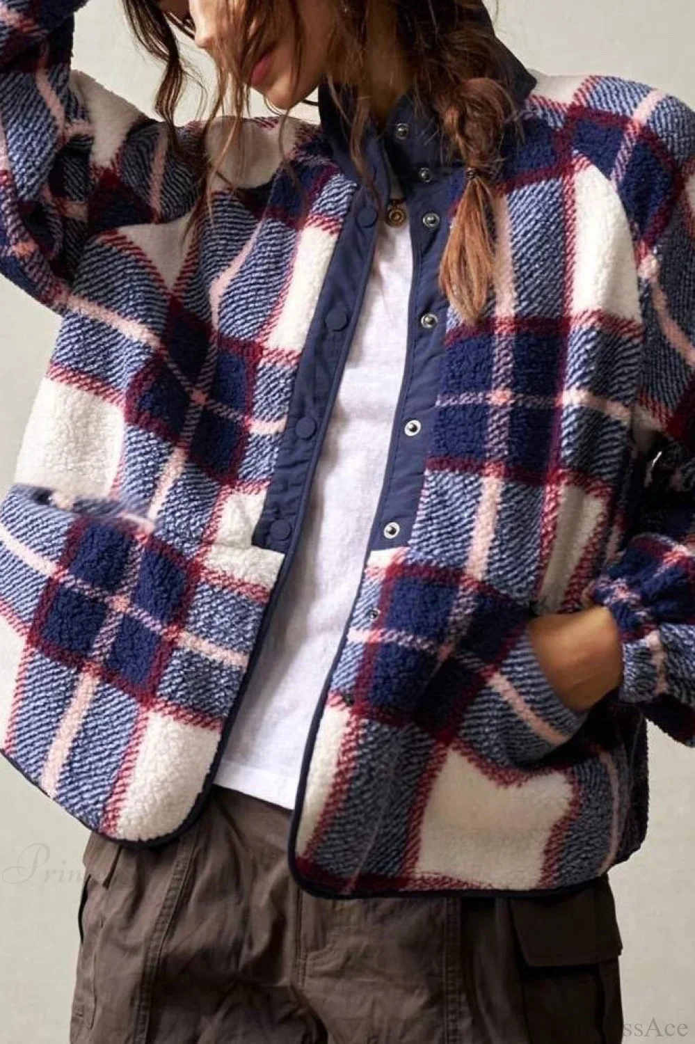 Double-Fleece Plaid Wool Long Sleeve Jacket - Image 2