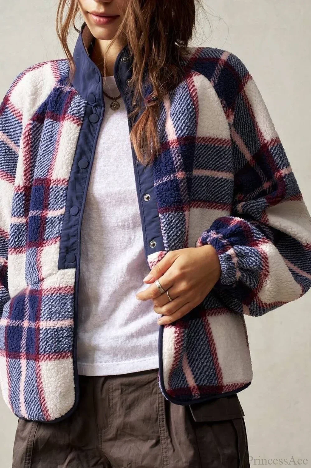 Double-Fleece Plaid Wool Long Sleeve Jacket - Image 5