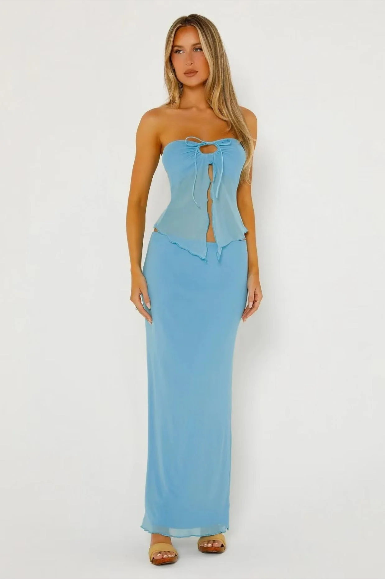 Double Layer Mesh Strapless Crop Bodycon Skirt Set - Image 5