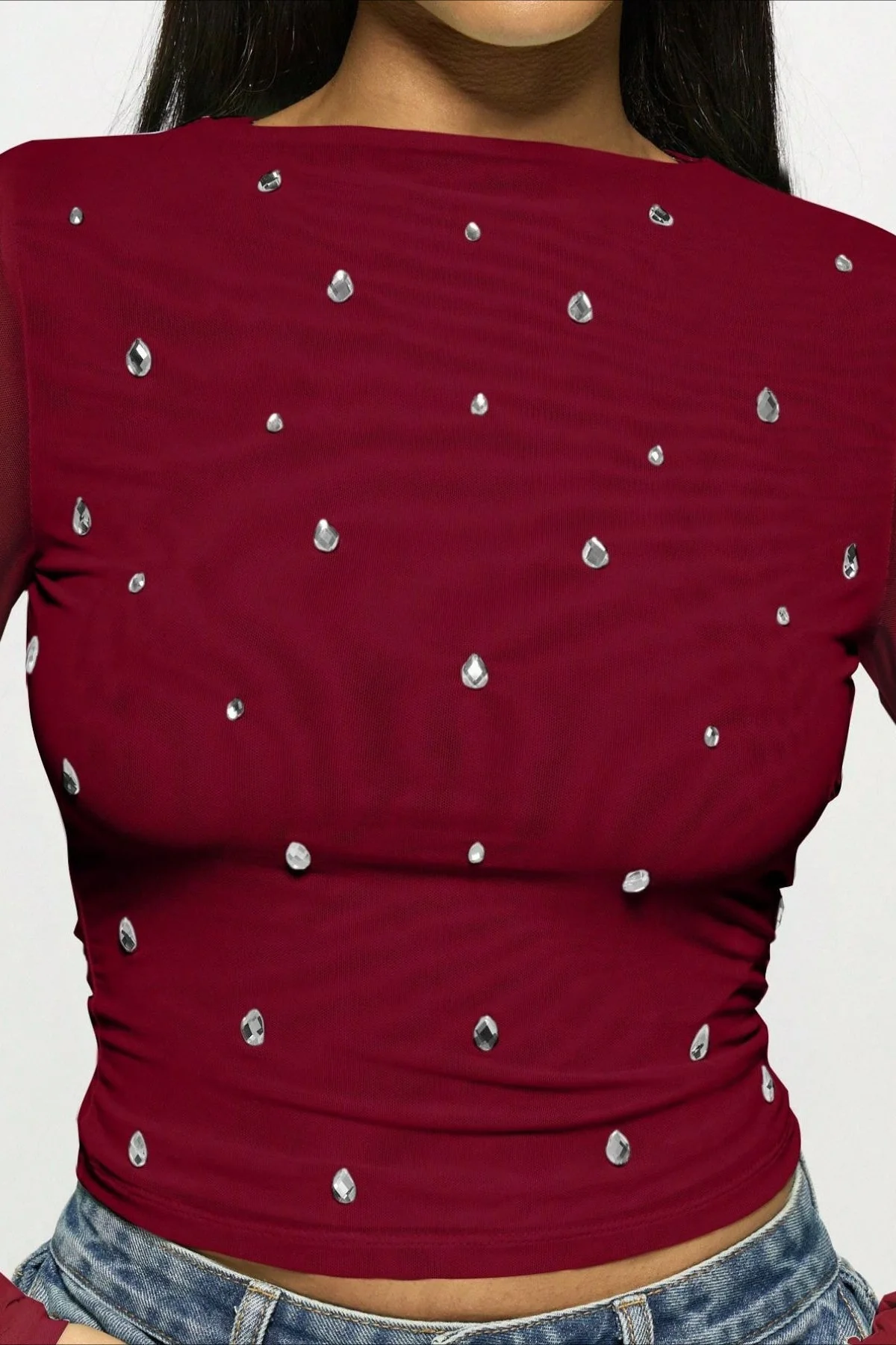 Double Layer Tulle Rhinestone Chic Long Sleeve Tee - Image 2