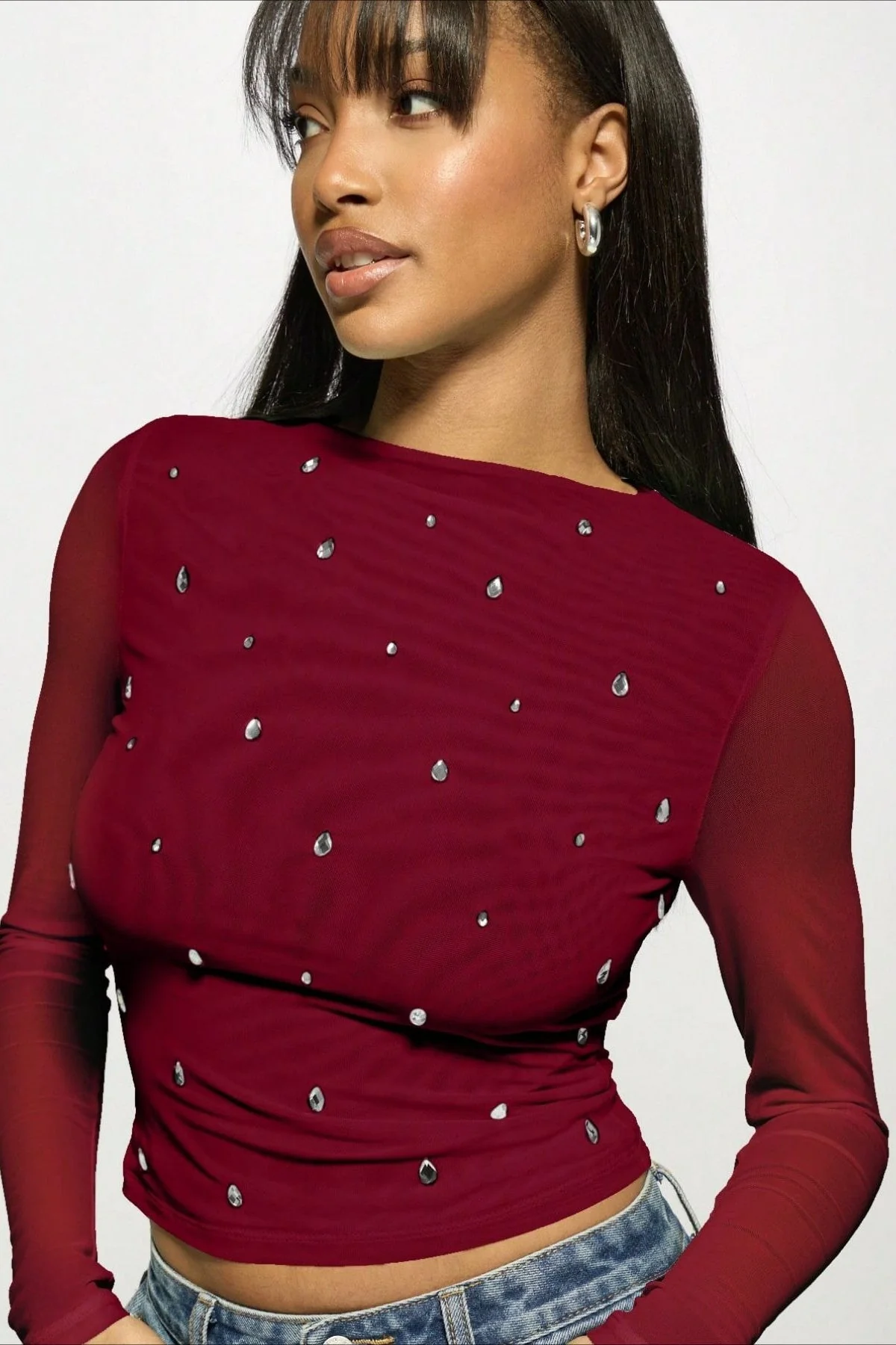 Double Layer Tulle Rhinestone Chic Long Sleeve Tee - Image 3