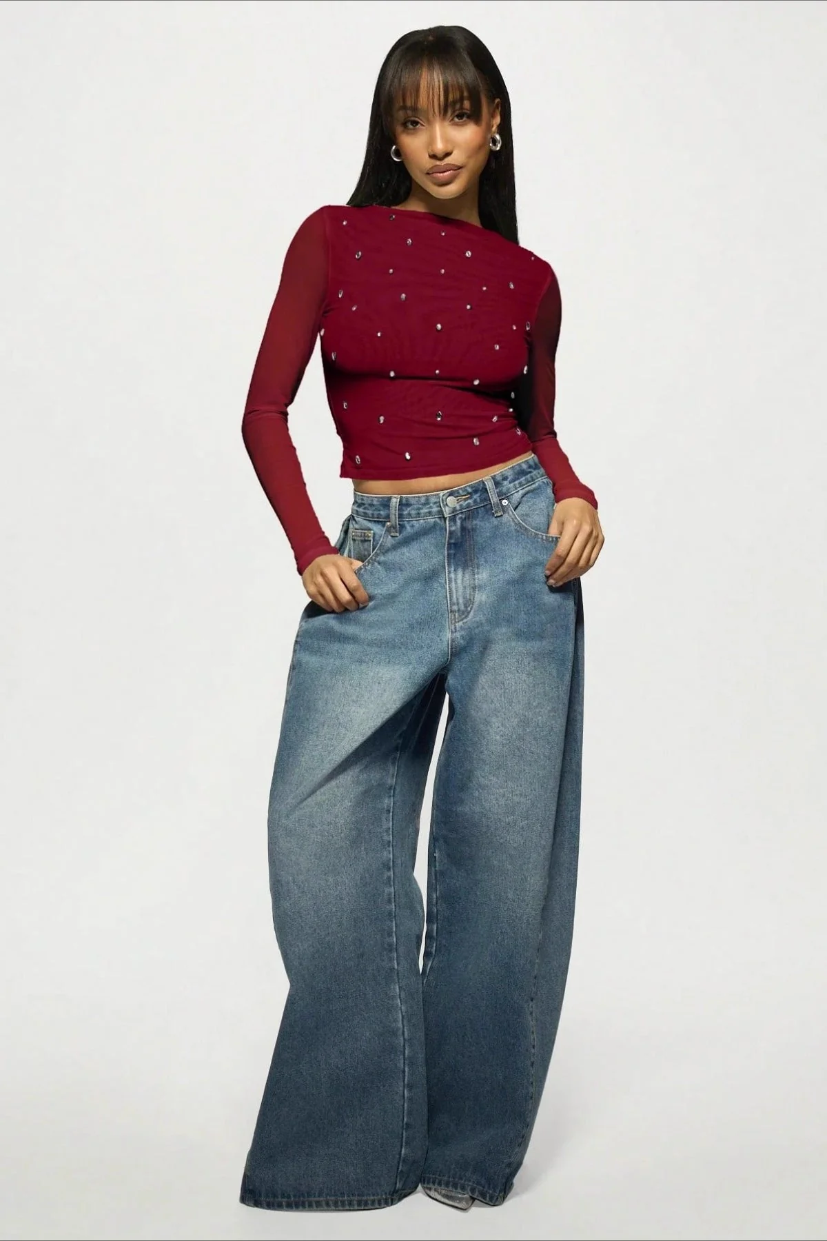 Double Layer Tulle Rhinestone Chic Long Sleeve Tee - Image 4