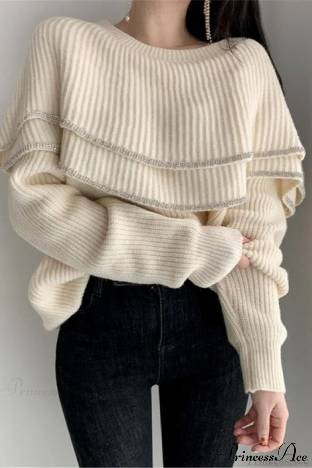 Double Ruffled Off-Shoulder French Vintage Knit Top - Image 2