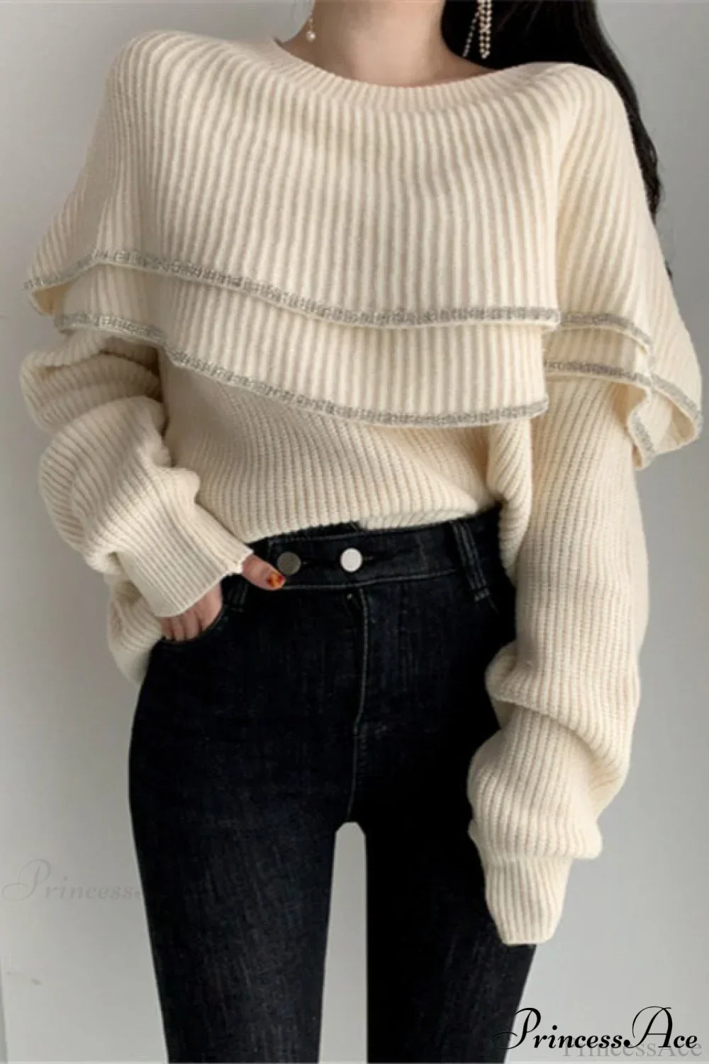 Double Ruffled Off-Shoulder French Vintage Knit Top - Image 3