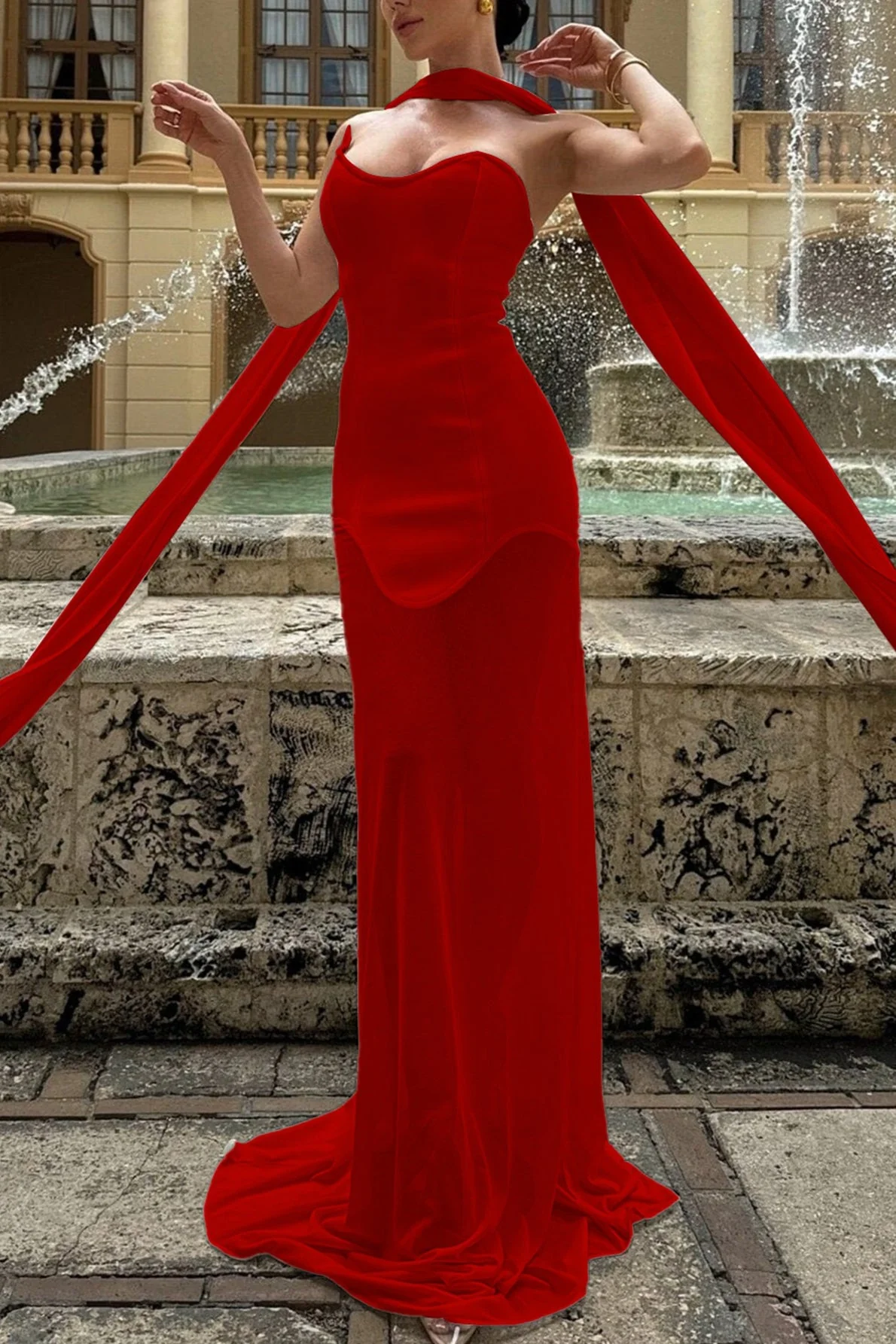 Draped Tie Sexy Mesh Patch Tube Prom Dress - Image 2