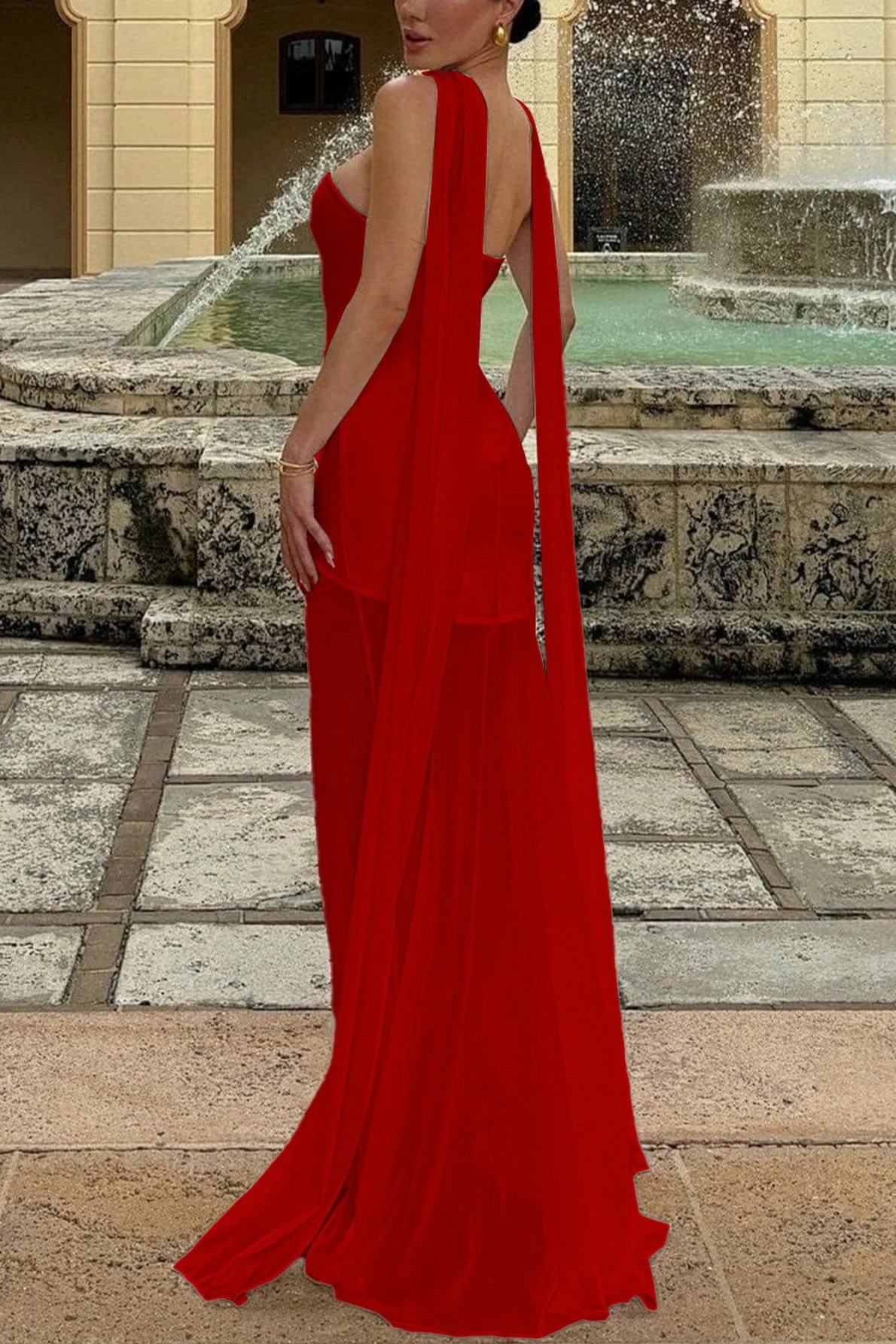 Draped Tie Sexy Mesh Patch Tube Prom Dress - Image 3